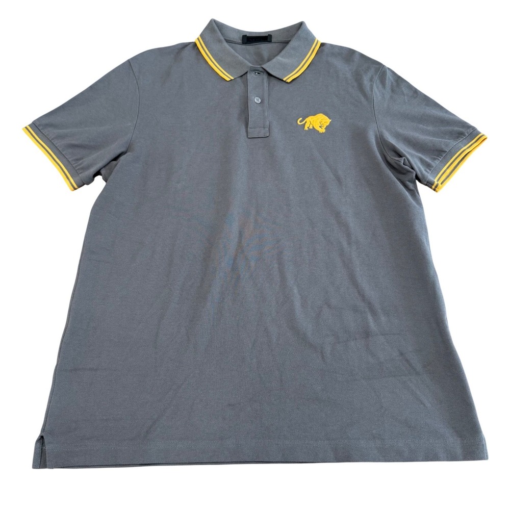 Prada Mens XL Polo Shirt Grey‎ Yellow Panther Embroidered Tipped Cotton Pique